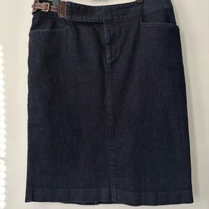 Vintage Denim Ralph Lauren Preppy Navy Blue Pencil Leather Midi Skirt - Large